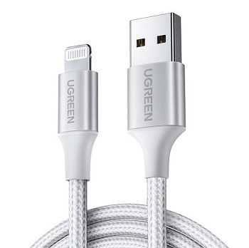 60163 Кабель UGREEN US291 USB-Lightning, оплетка, цвет: белый, 2M